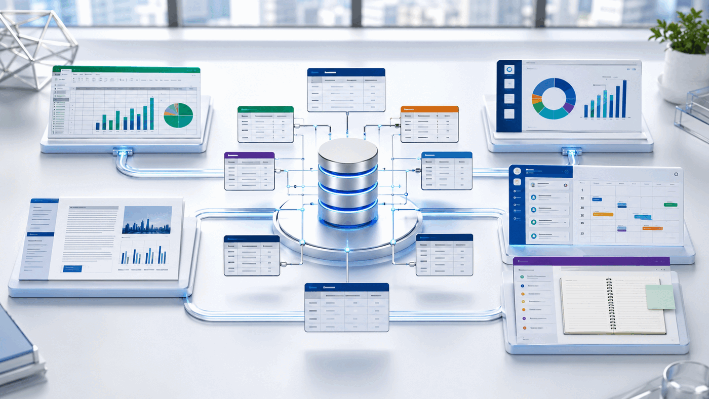 Microsoft Access 2024 relational database workflow feeding Excel, Word, PowerPoint, Outlook and OneNote business outputs