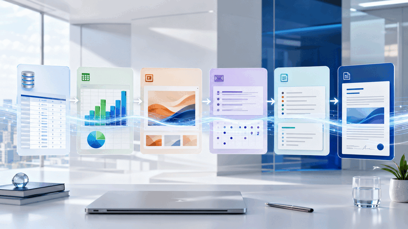 Office LTSC Professional Plus 2024 workflow connecting data, analysis, presentations, communication, notes and documents
