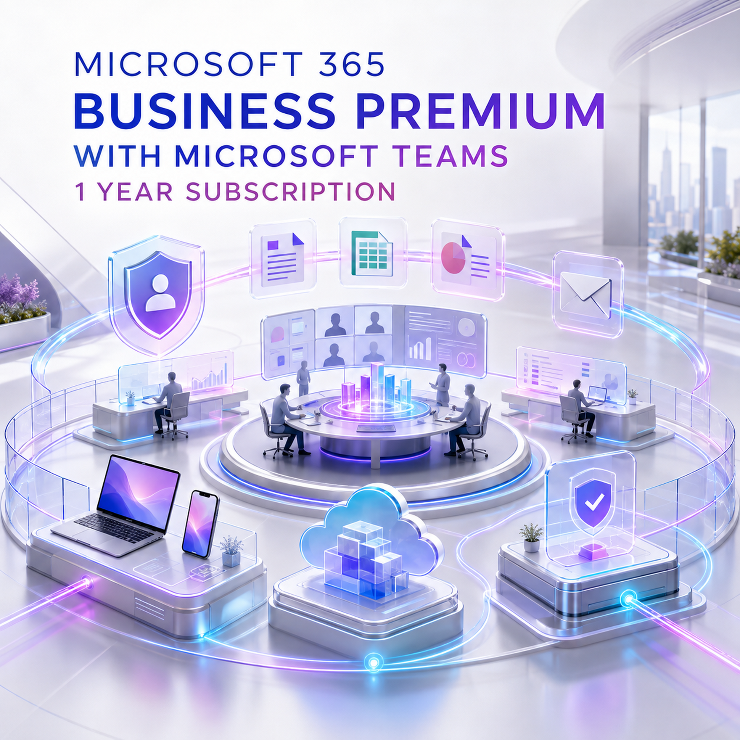 Microsoft 365 Business Premium with Teams secure collaboration workspace connecting users, devices, cloud storage, email and threat protection