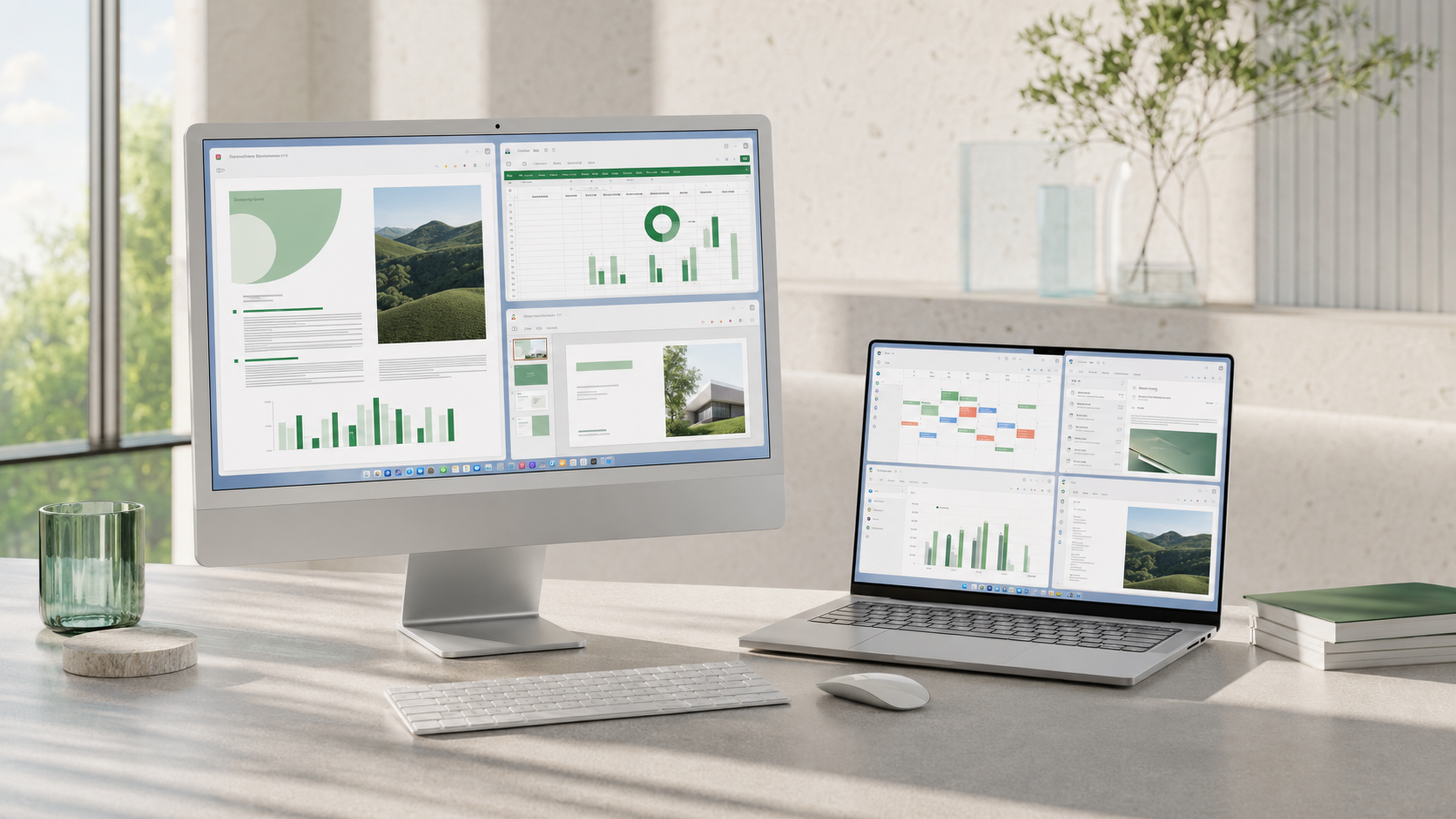 Office 2024 dual-platform workspace with Mac desktop and Windows laptop