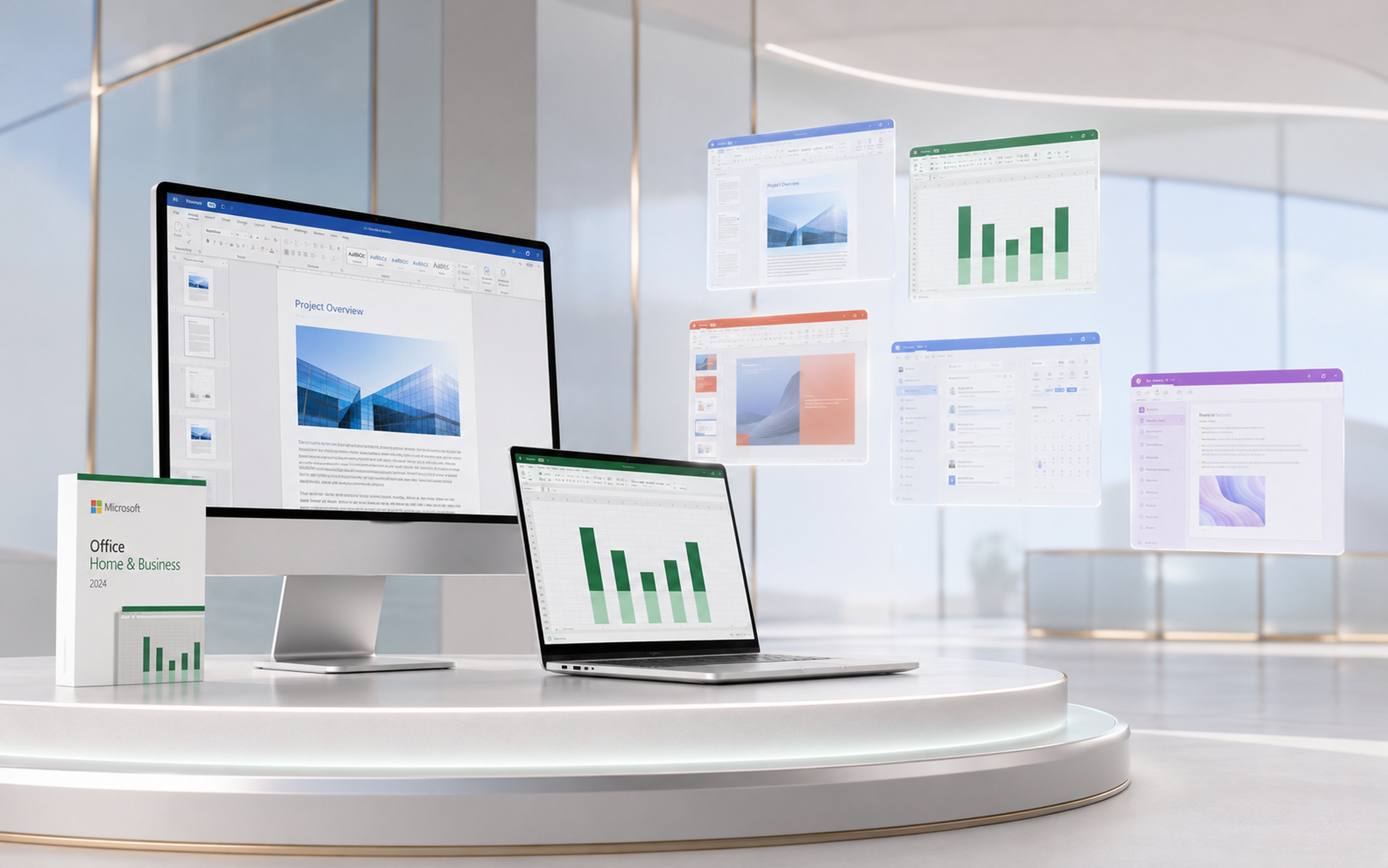 Microsoft Office 2024 Home and Business showroom with Mac desktop and Windows laptop