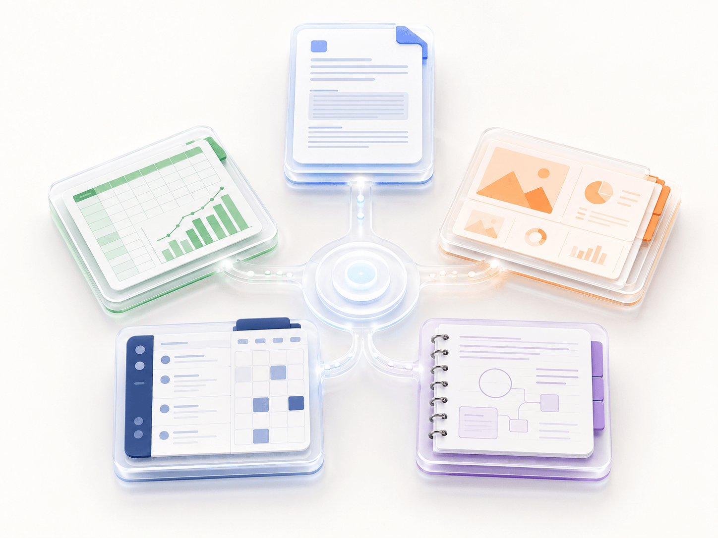 Five connected productivity tools representing documents, spreadsheets, presentations, email and notes