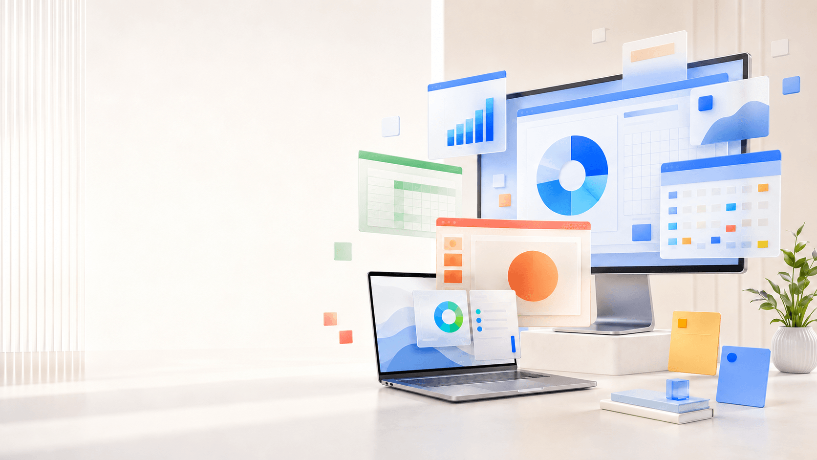 Microsoft Office 2024 Standard productivity workspace with document, spreadsheet, presentation and calendar panels