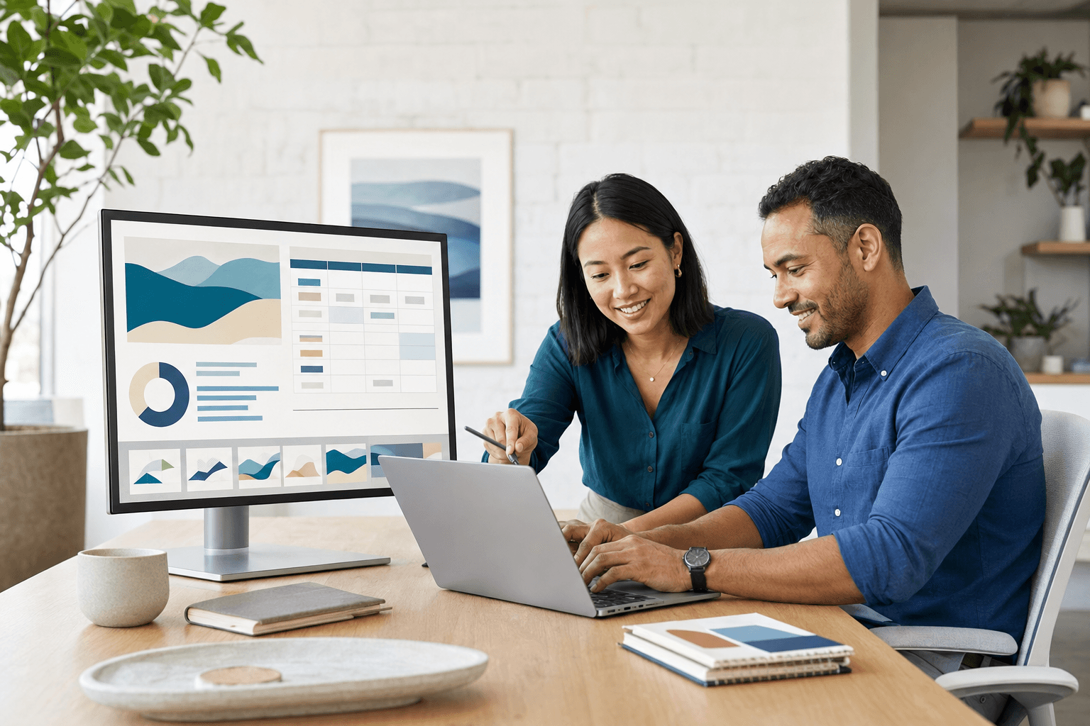 Two professionals collaborating with document, spreadsheet and presentation workflows in a bright office