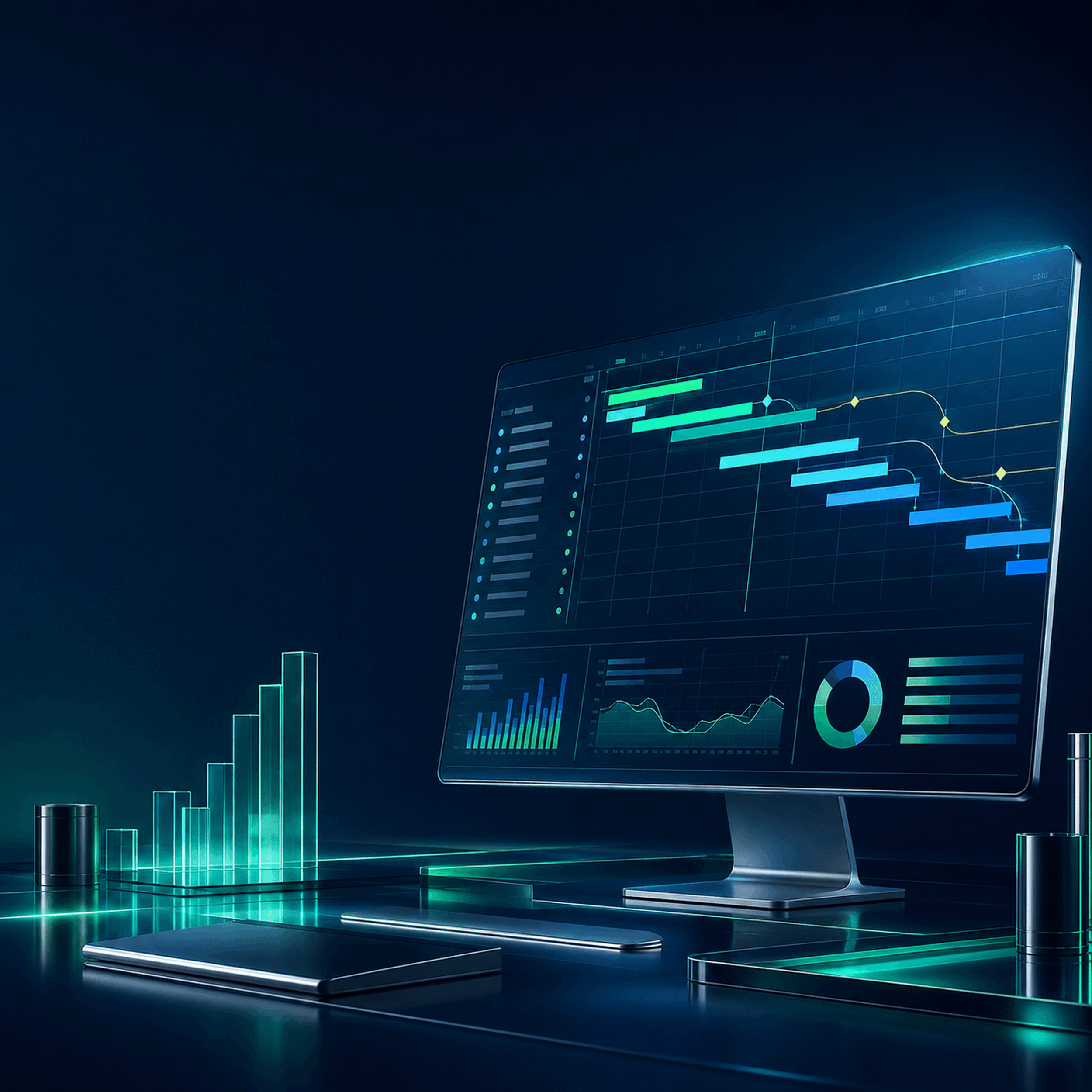 Microsoft Project 2016 Professional digital download artwork with project timelines, Gantt bars and resource planning dashboard
