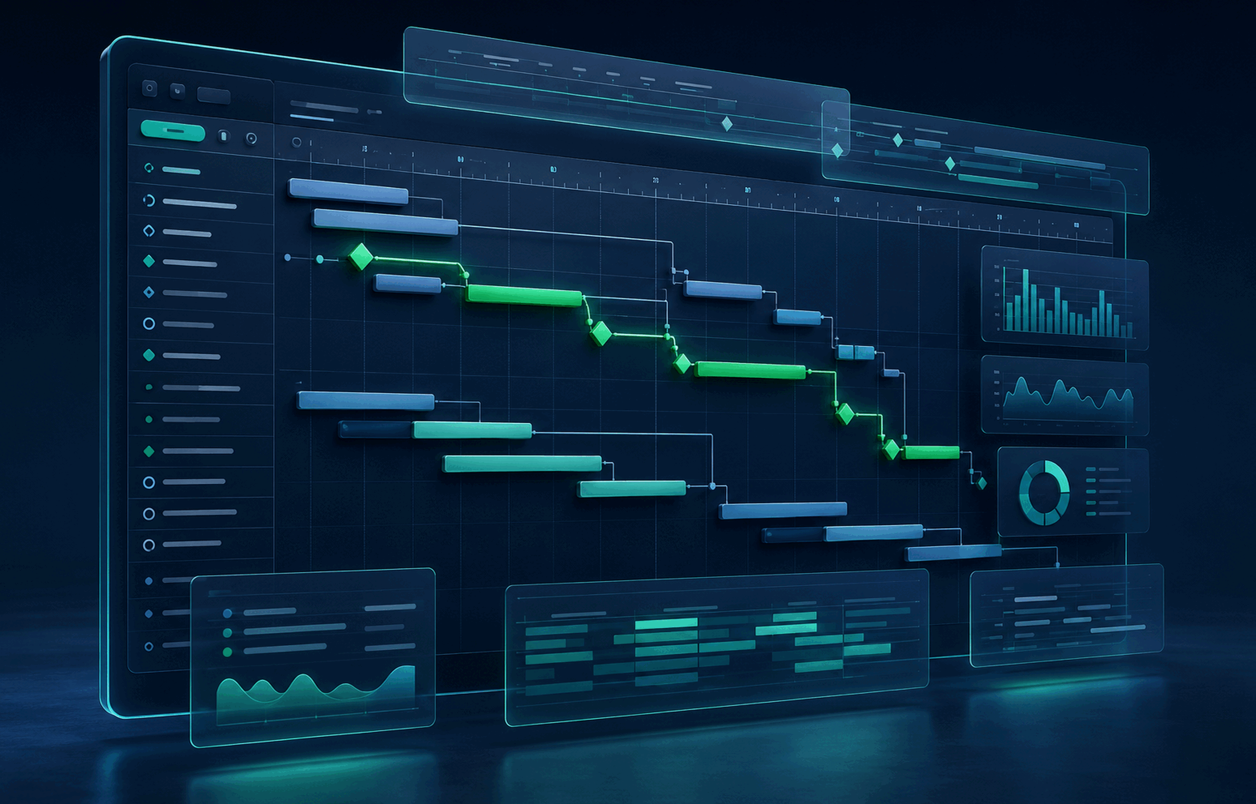 Project schedule visual with Gantt bars, milestones, dependency lines and critical path highlights