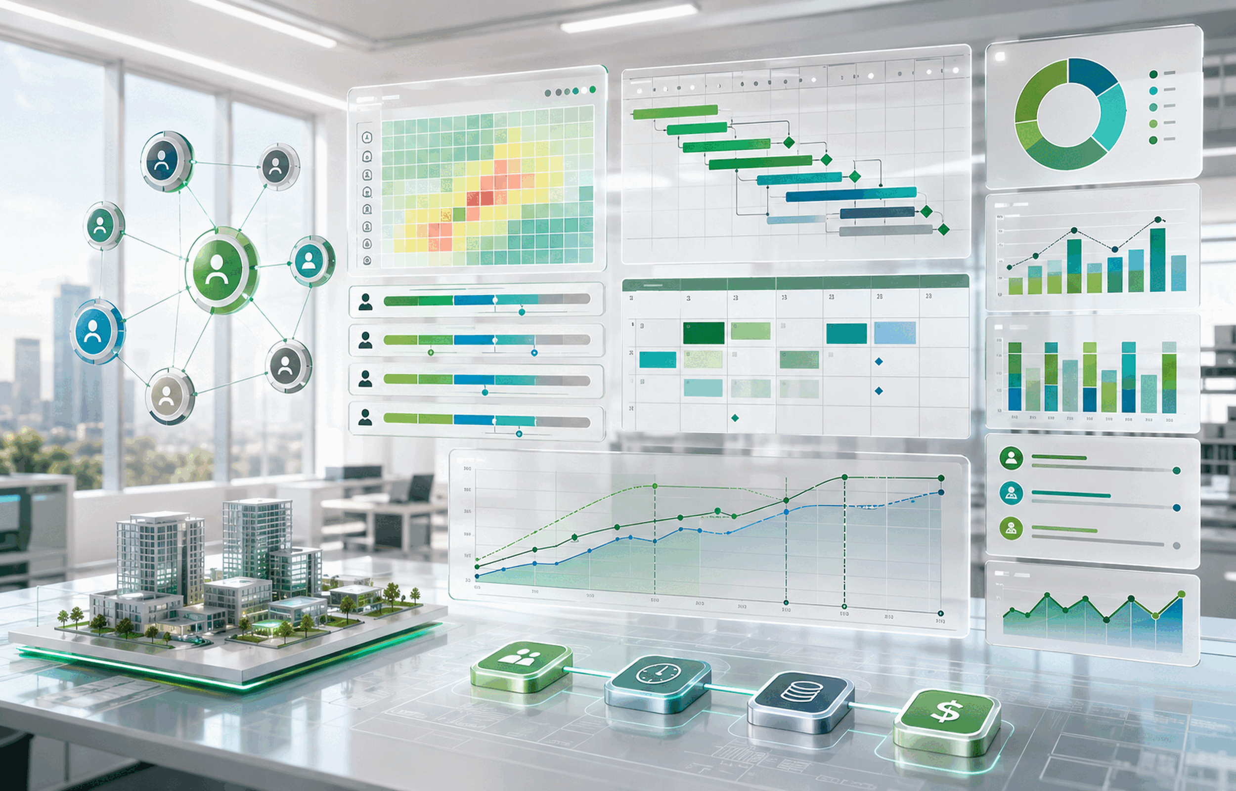 Resource and reporting visual with capacity heatmap, allocation bars, Gantt schedule, cost chart and baseline trend