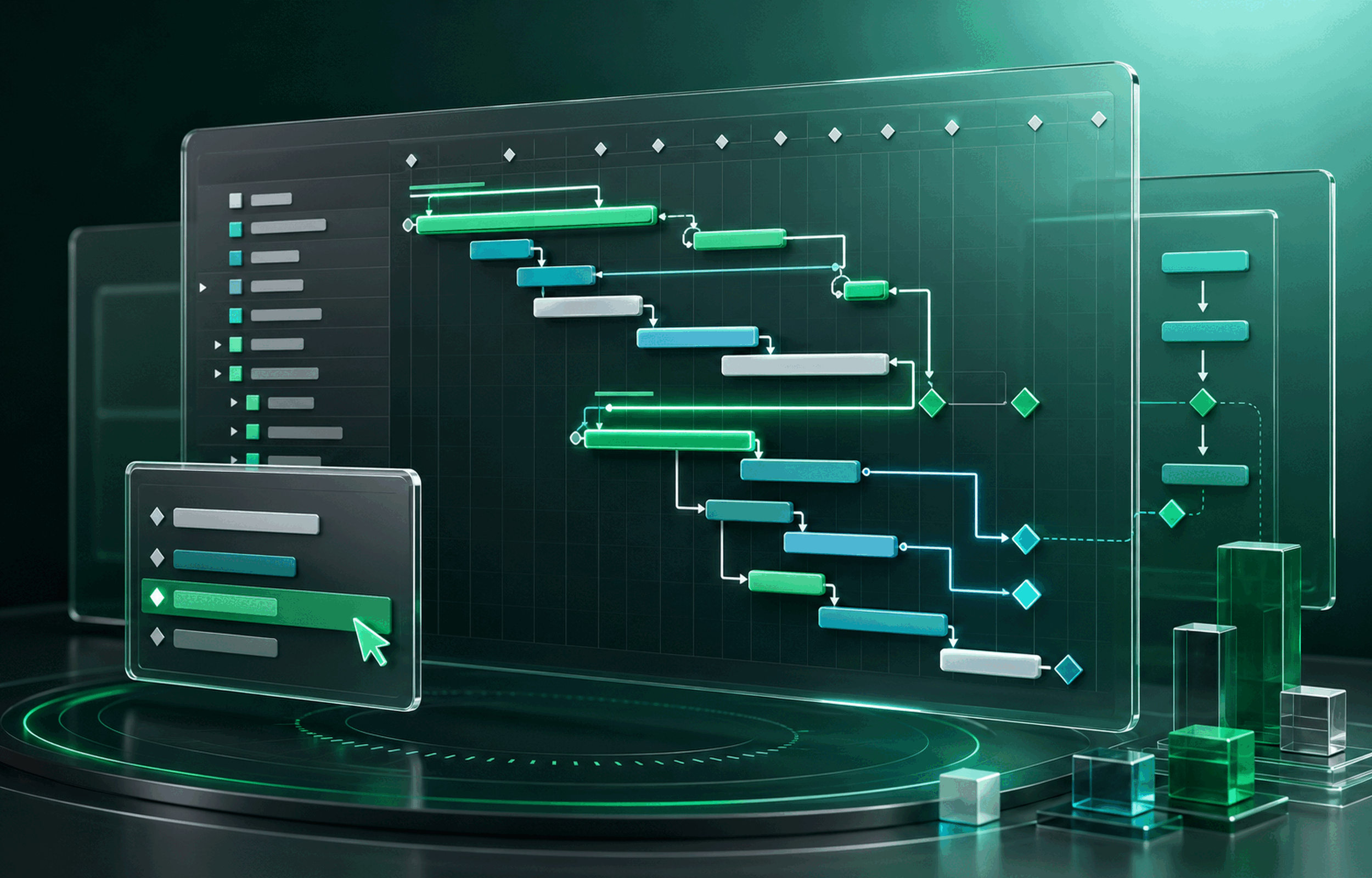 Project scheduling visual with connected Gantt bars, milestones, dependency lines and critical path highlights