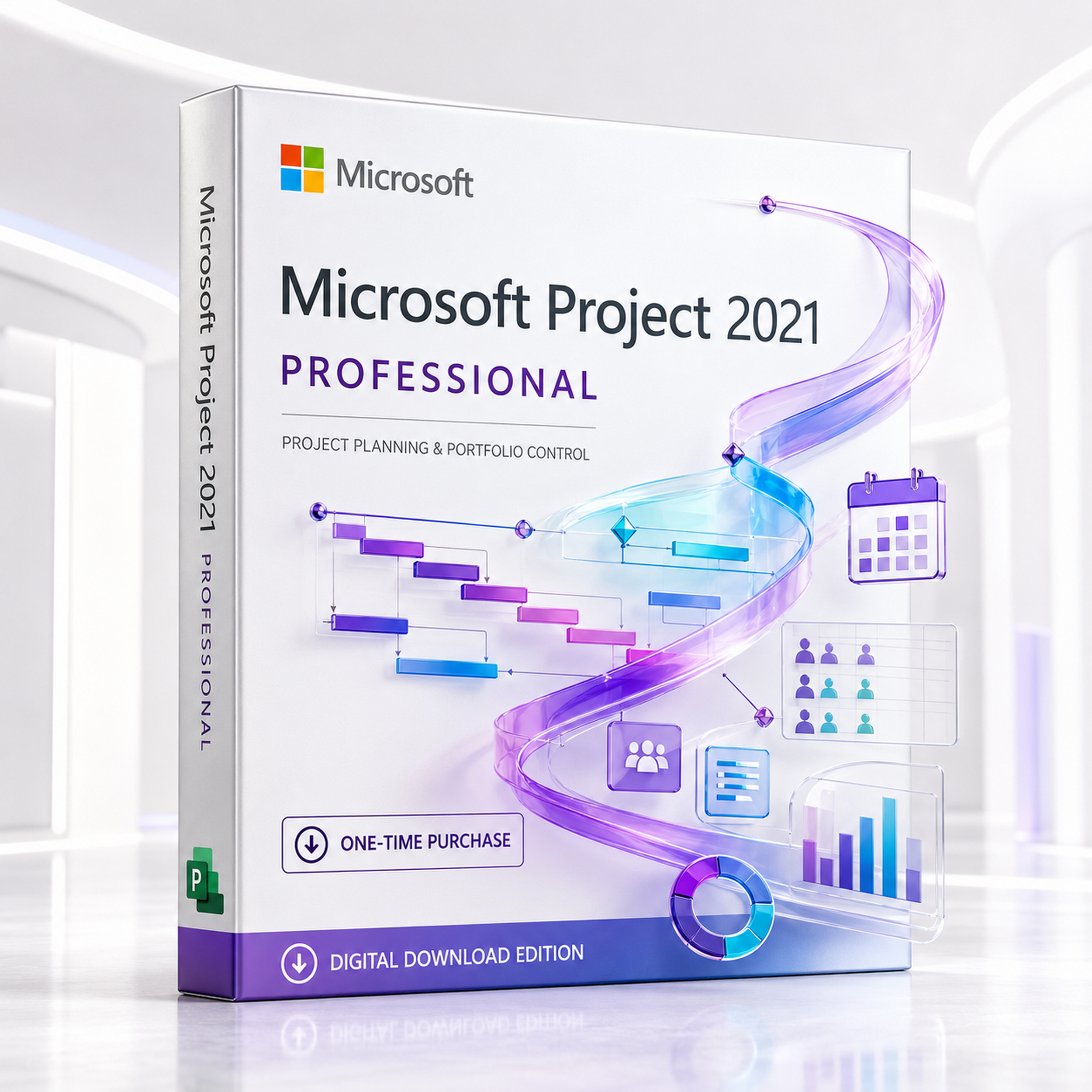 Microsoft Project 2021 Professional one-time purchase digital download box with Gantt charts, resource planning and portfolio reporting visuals