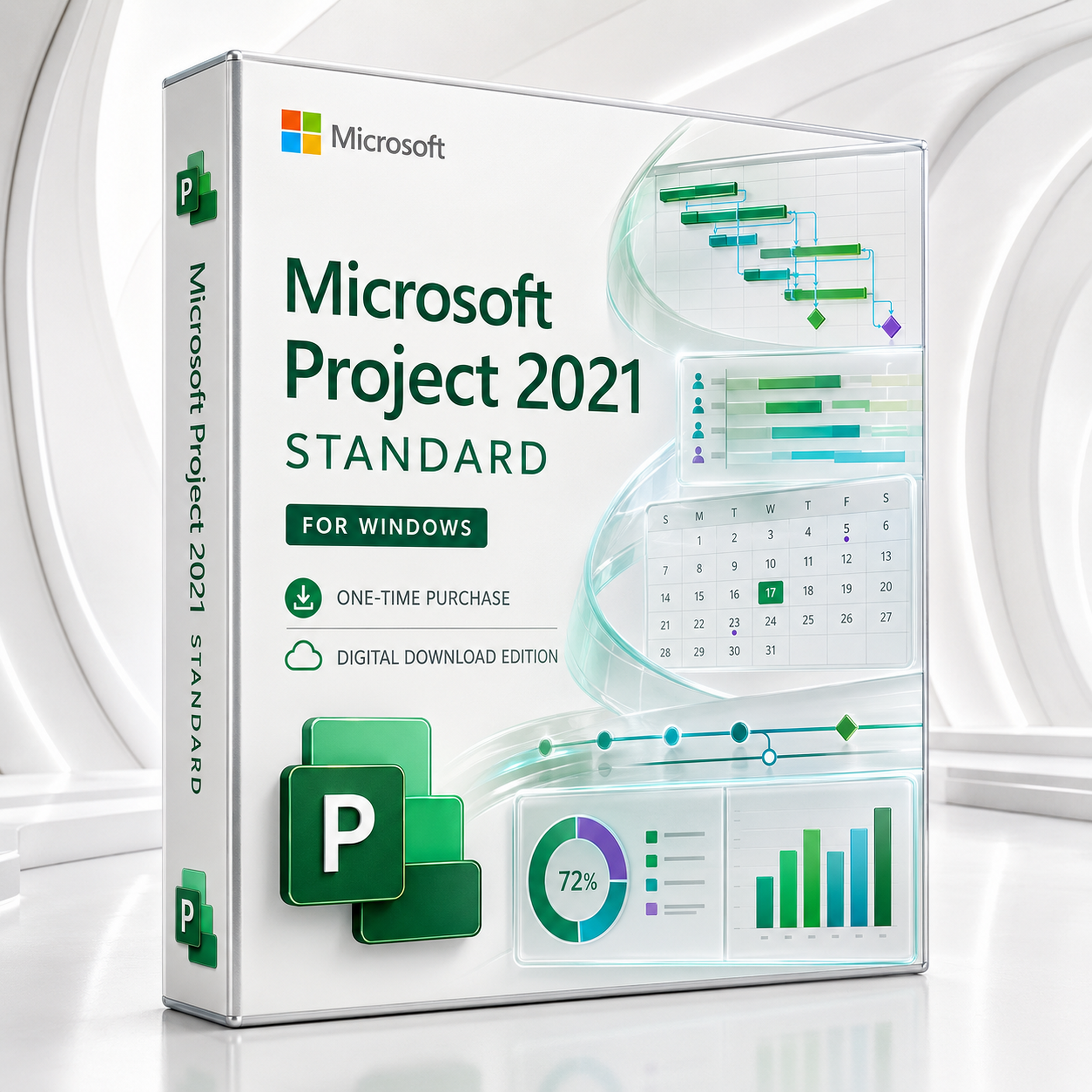 Microsoft Project 2021 Standard for Windows one-time purchase premium digital download box with Gantt scheduling visuals