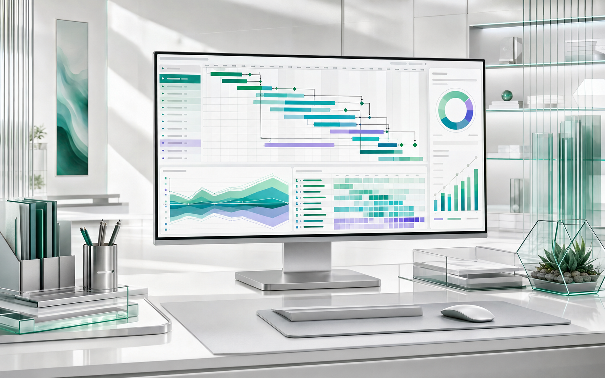 Bright Microsoft Project scheduling command studio with Gantt dependencies, milestones, resources and portfolio reporting