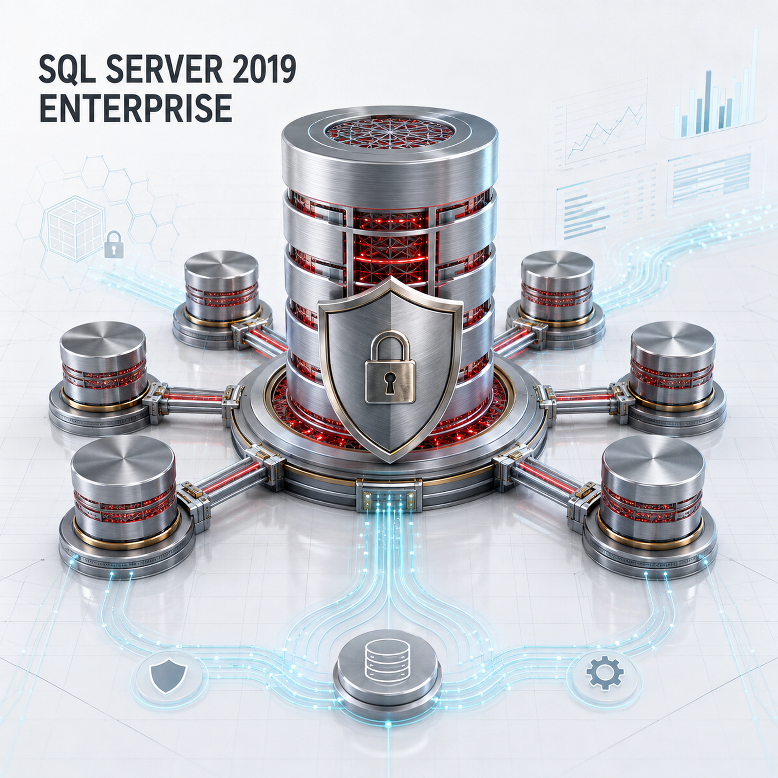 Microsoft SQL Server 2019 Enterprise titanium database core with encrypted shield, connected replicas and analytics architecture