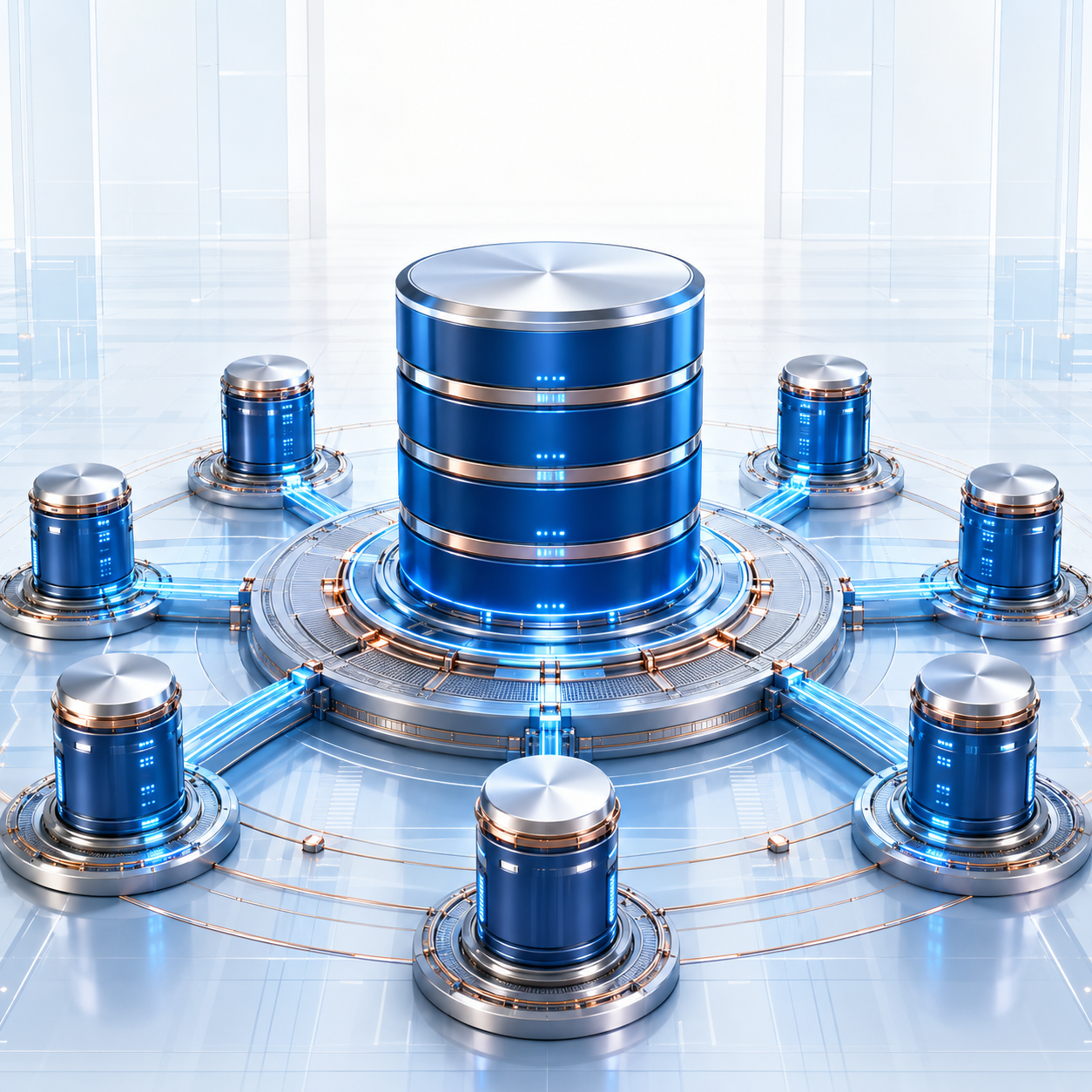Microsoft SQL Server 2022 Enterprise high-availability data platform with central database core and eight replica nodes