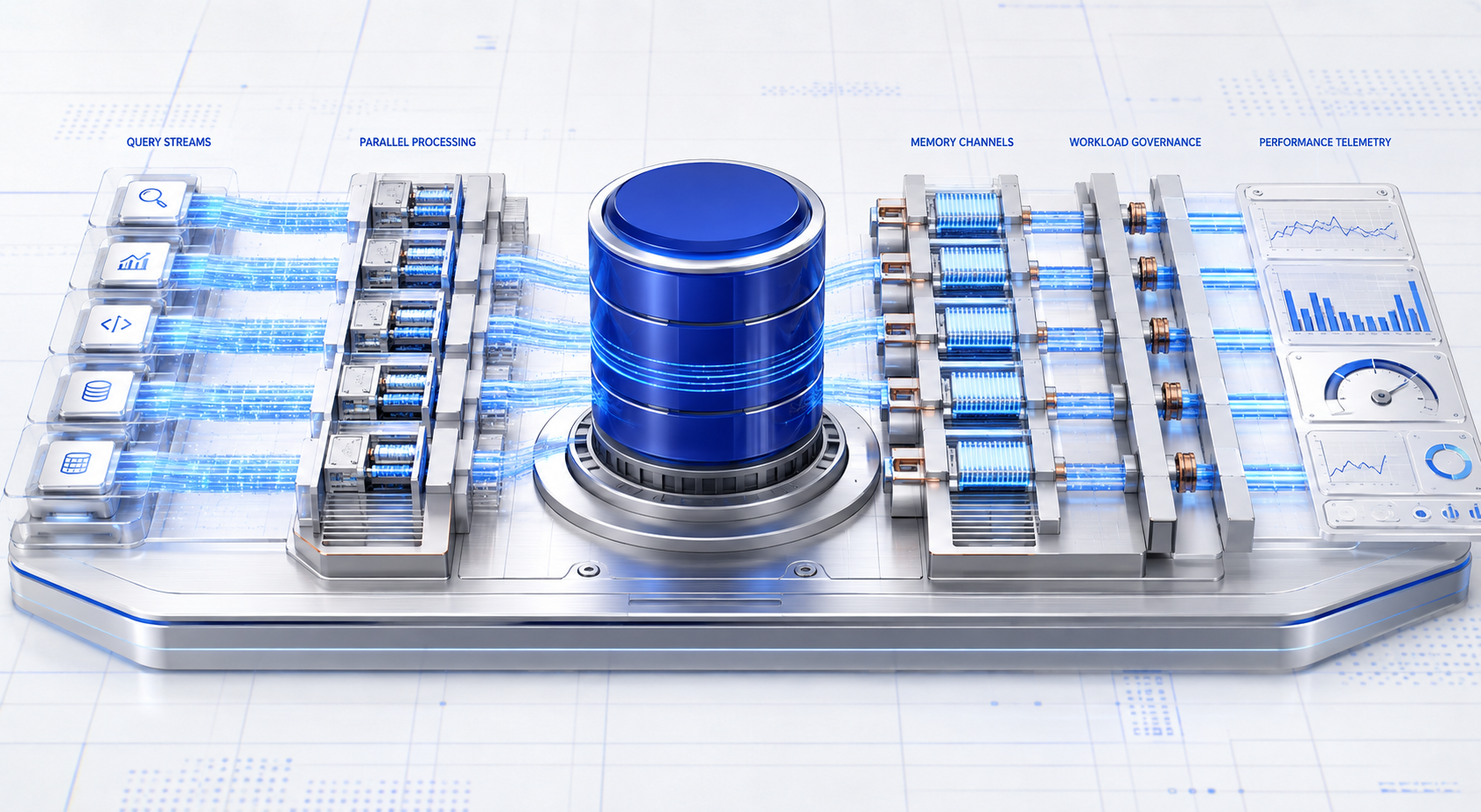 SQL Server 2022 Enterprise performance engine directing query streams through parallel processing, memory channels and workload governance