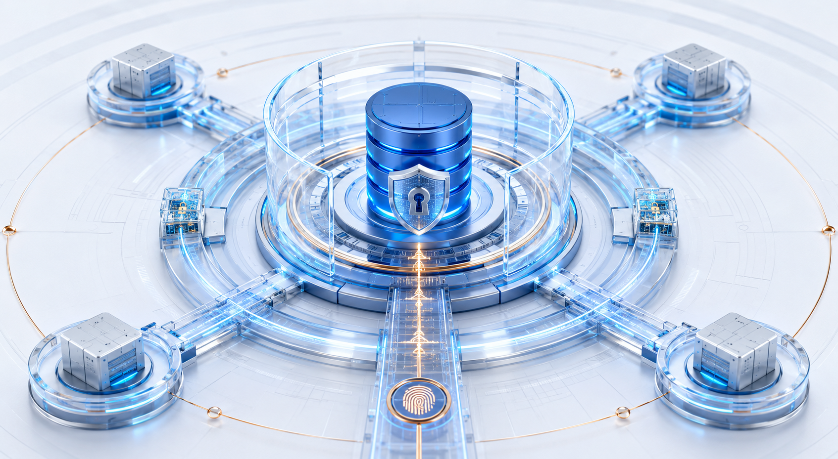 SQL Server 2022 Enterprise protected database core surrounded by encryption rings, resilient nodes and verification controls