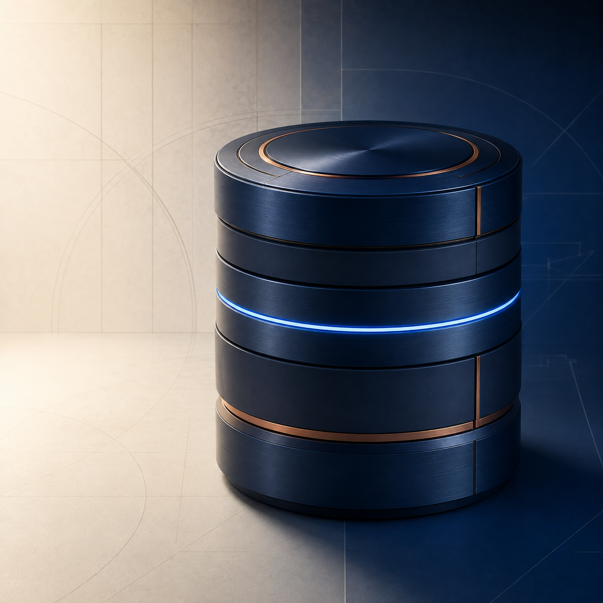 Sculptural cobalt database core representing Microsoft SQL Server 2022 Standard reliability