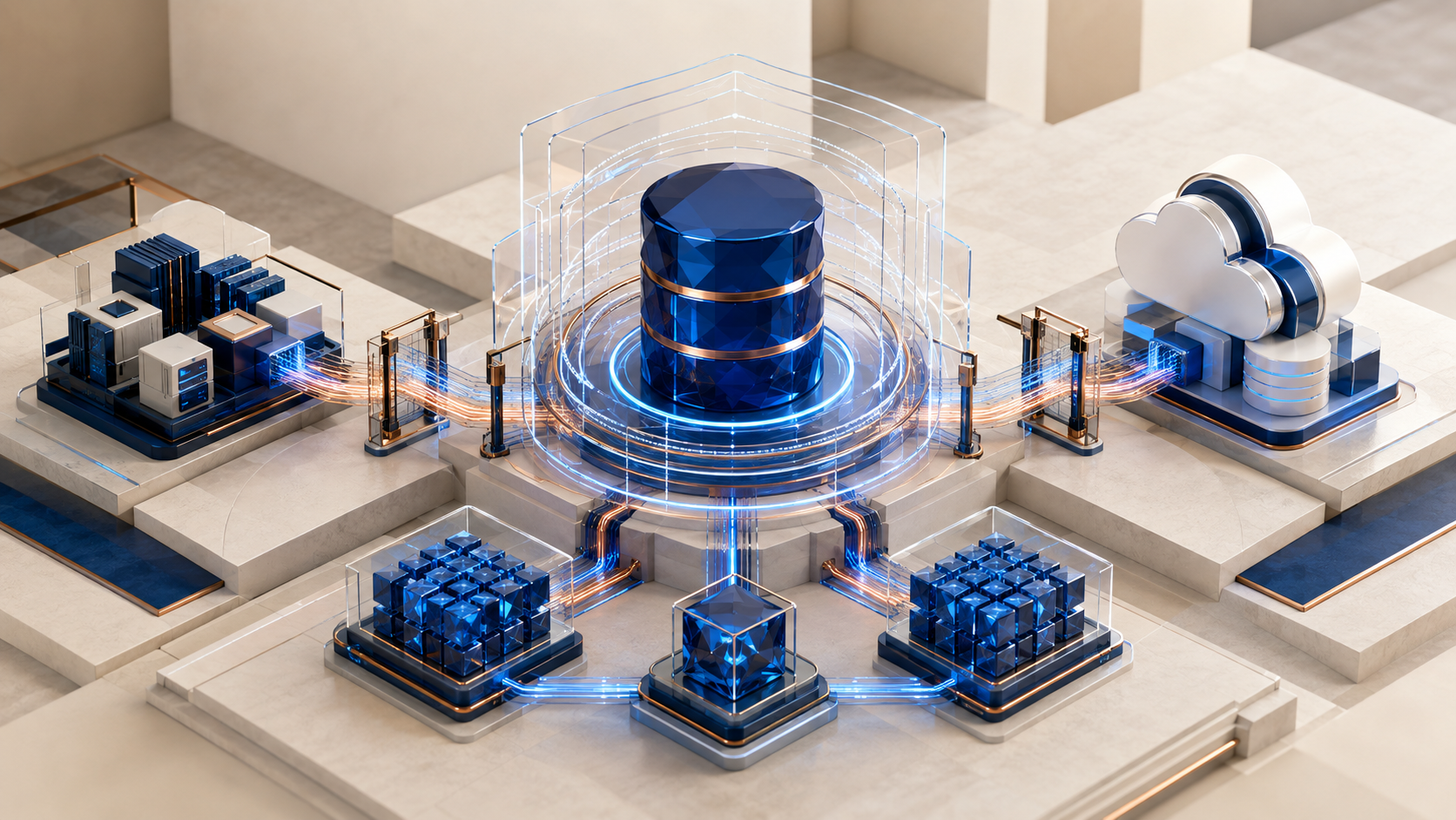 Protected database core connecting on-premises systems with secure cloud recovery paths