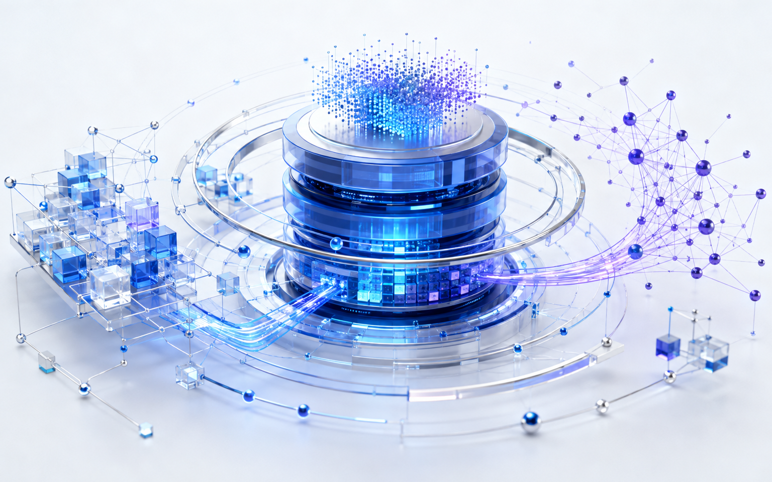 Abstract SQL Server 2025 Enterprise data engine connecting governed relational data with vector embeddings and semantic retrieval paths