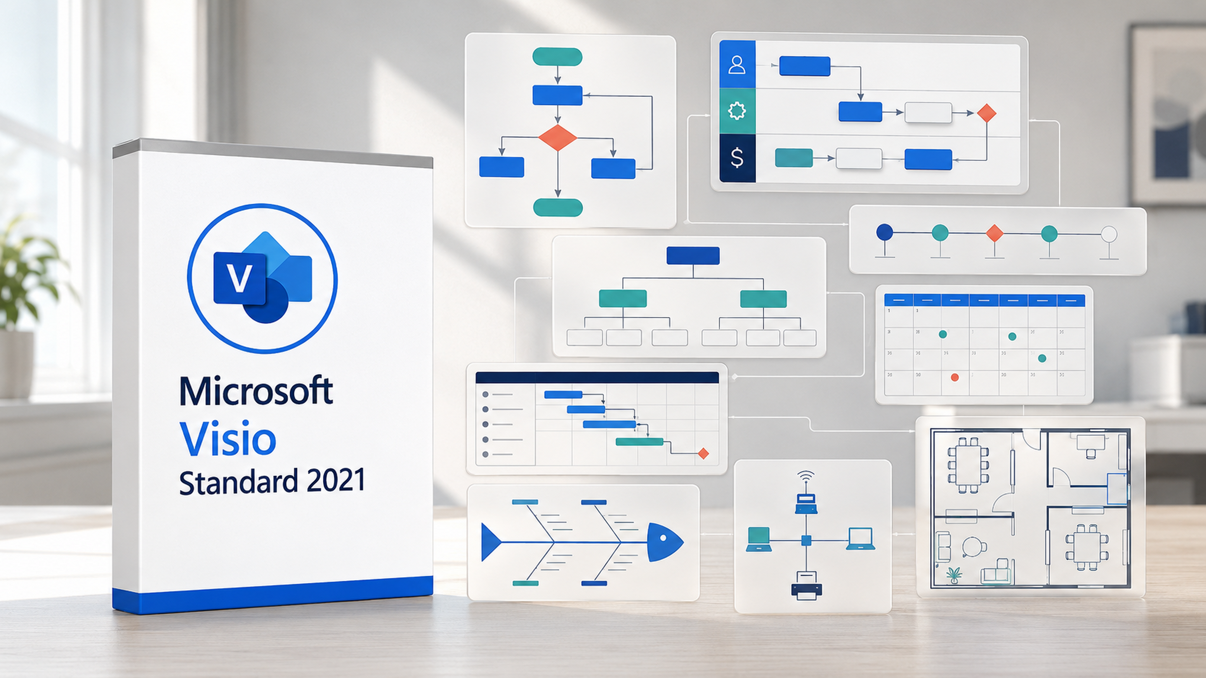 Microsoft Visio Standard 2021 with flowchart swimlane organisation chart timeline calendar schedule basic network and office layout examples