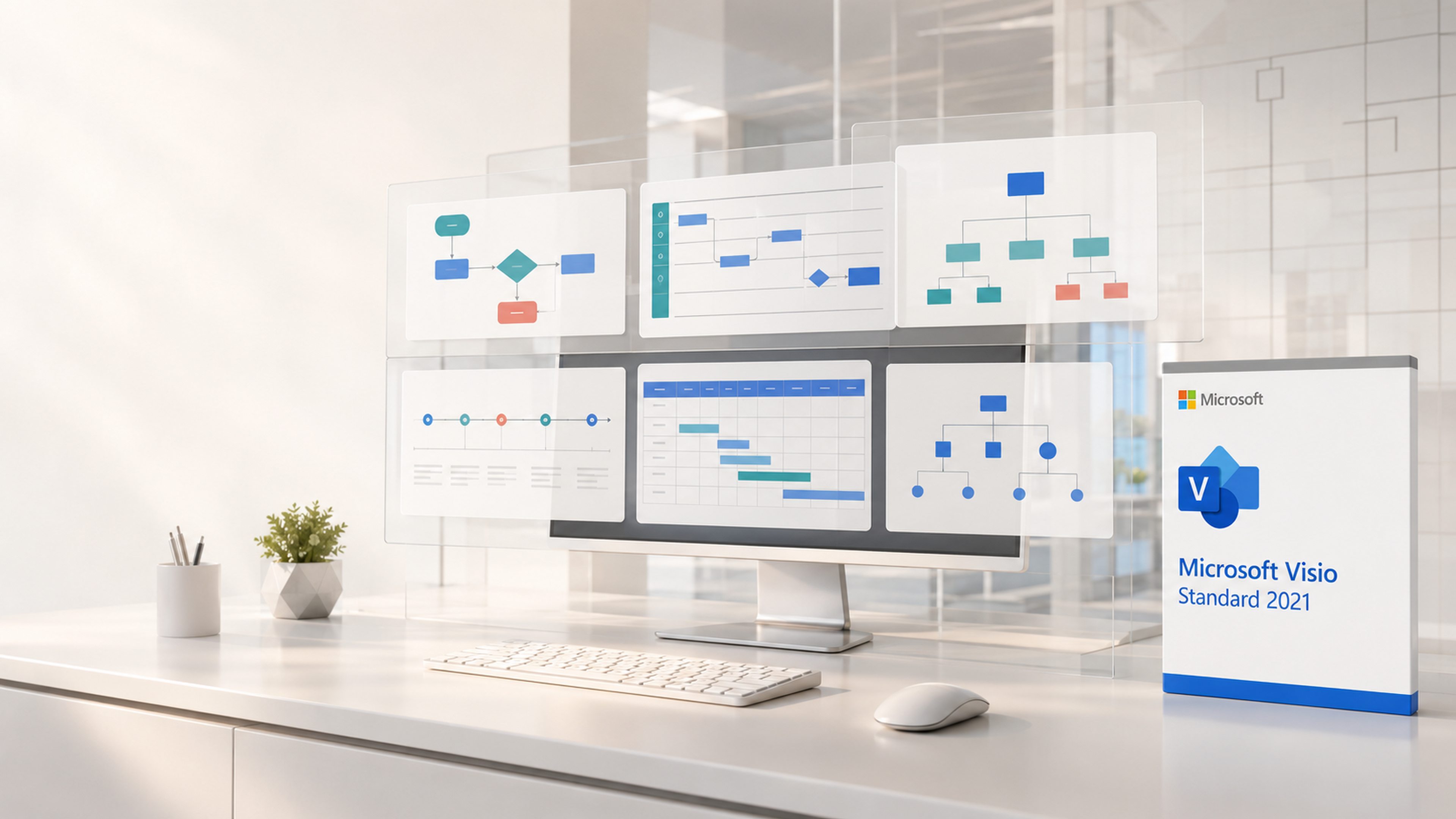 Executive workstation displaying Microsoft Visio Standard 2021 business diagrams