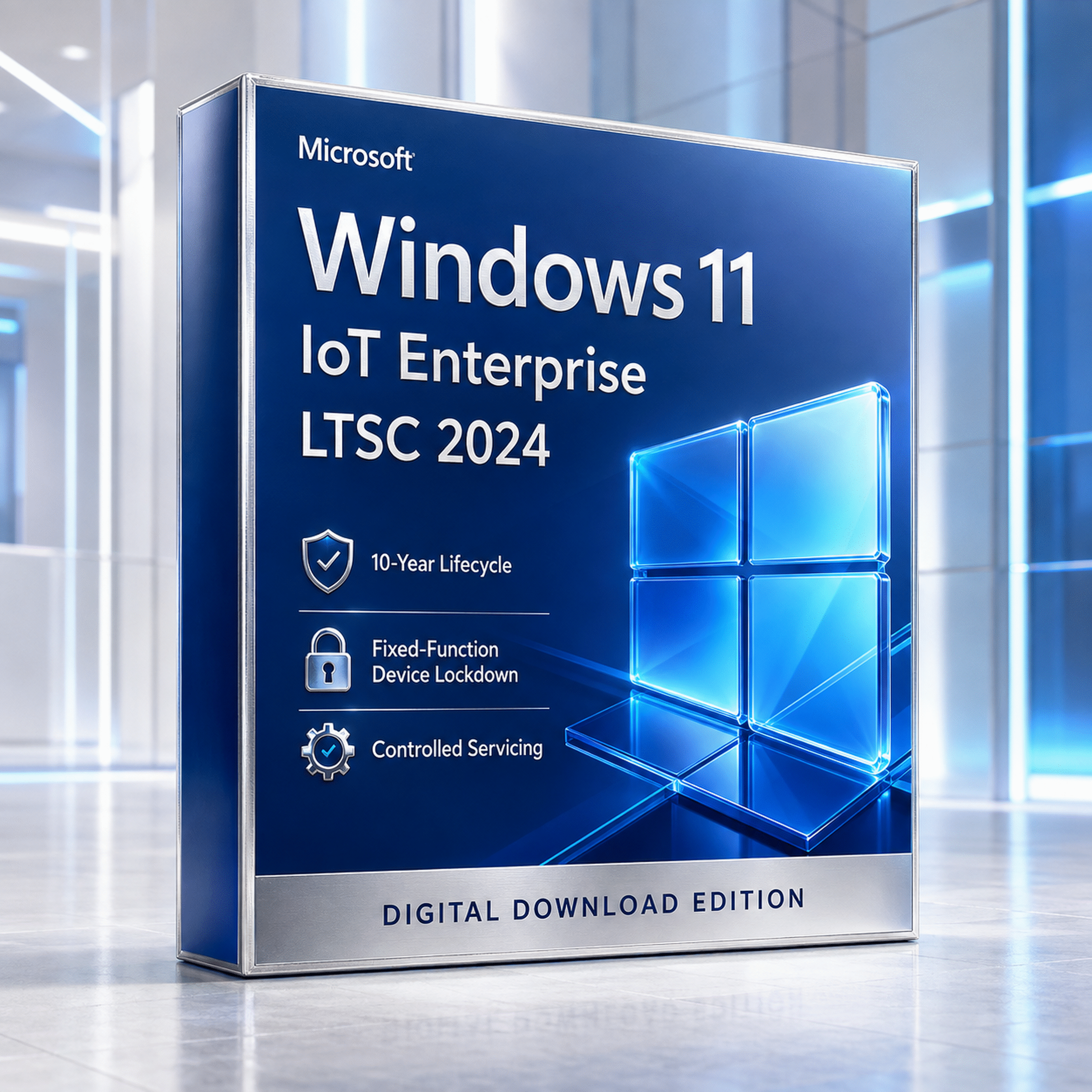 Microsoft Windows 11 IoT Enterprise LTSC 2024 digital download edition shown as a premium blue 3D software box