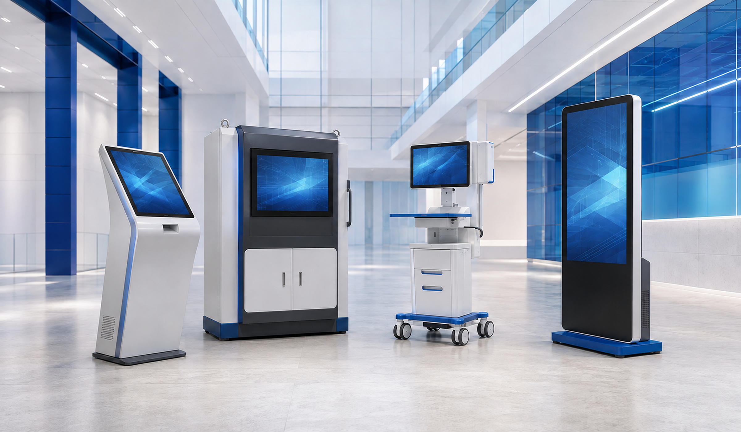 Self-service kiosk, industrial control panel, healthcare workstation and digital-signage endpoint in an enterprise gallery