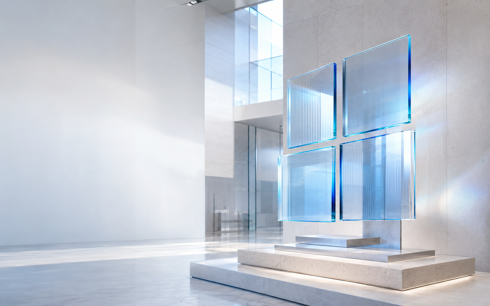 Windows 11 Enterprise LTSC 2024 blue glass installation in a luminous enterprise gallery