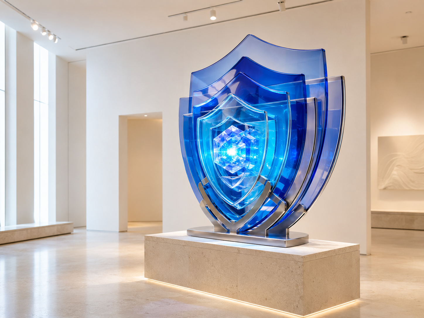 Layered cobalt glass security shields displayed in an enterprise gallery