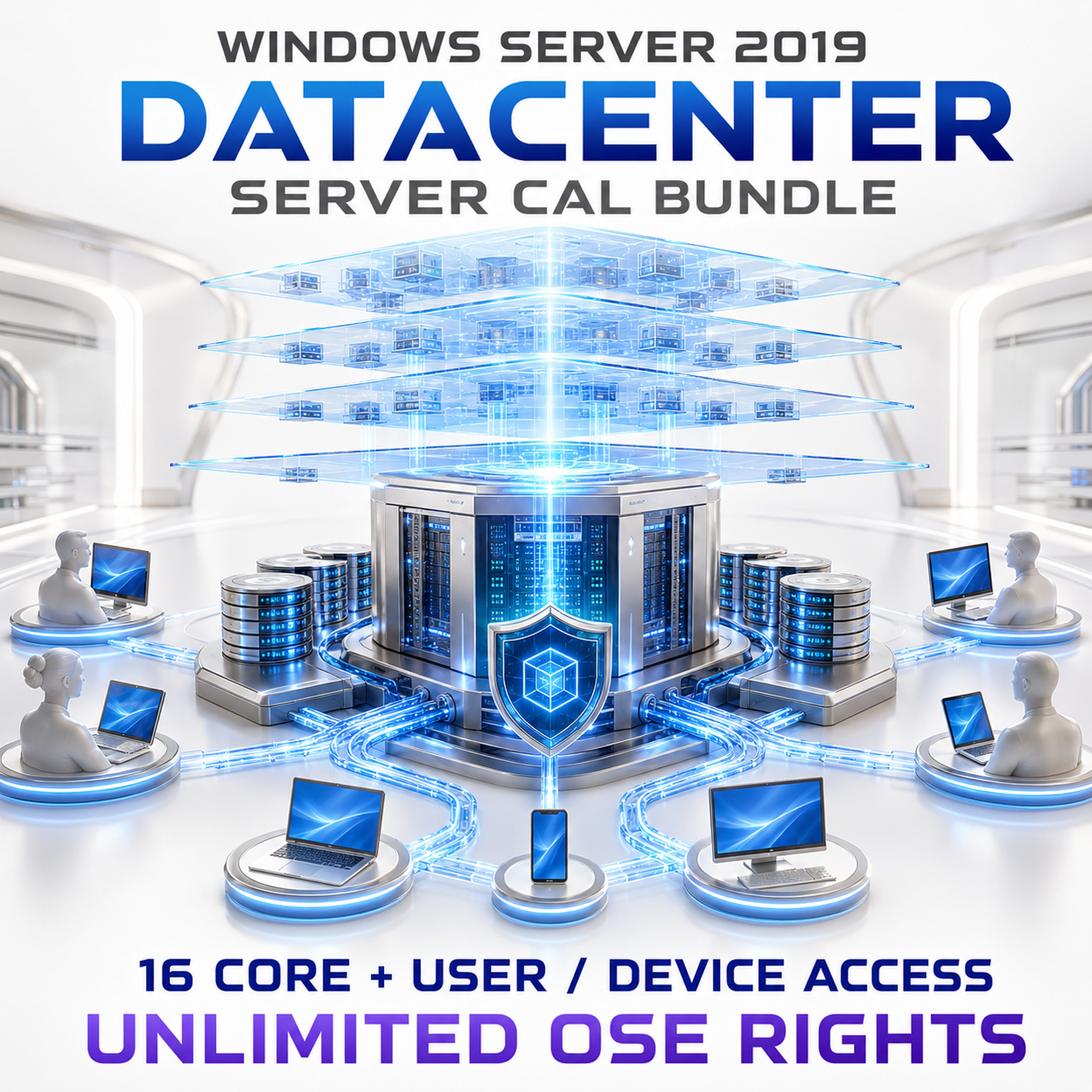 Windows Server 2019 Datacenter Server CAL bundle with a licensed host, unlimited virtual server planes and connected users and devices