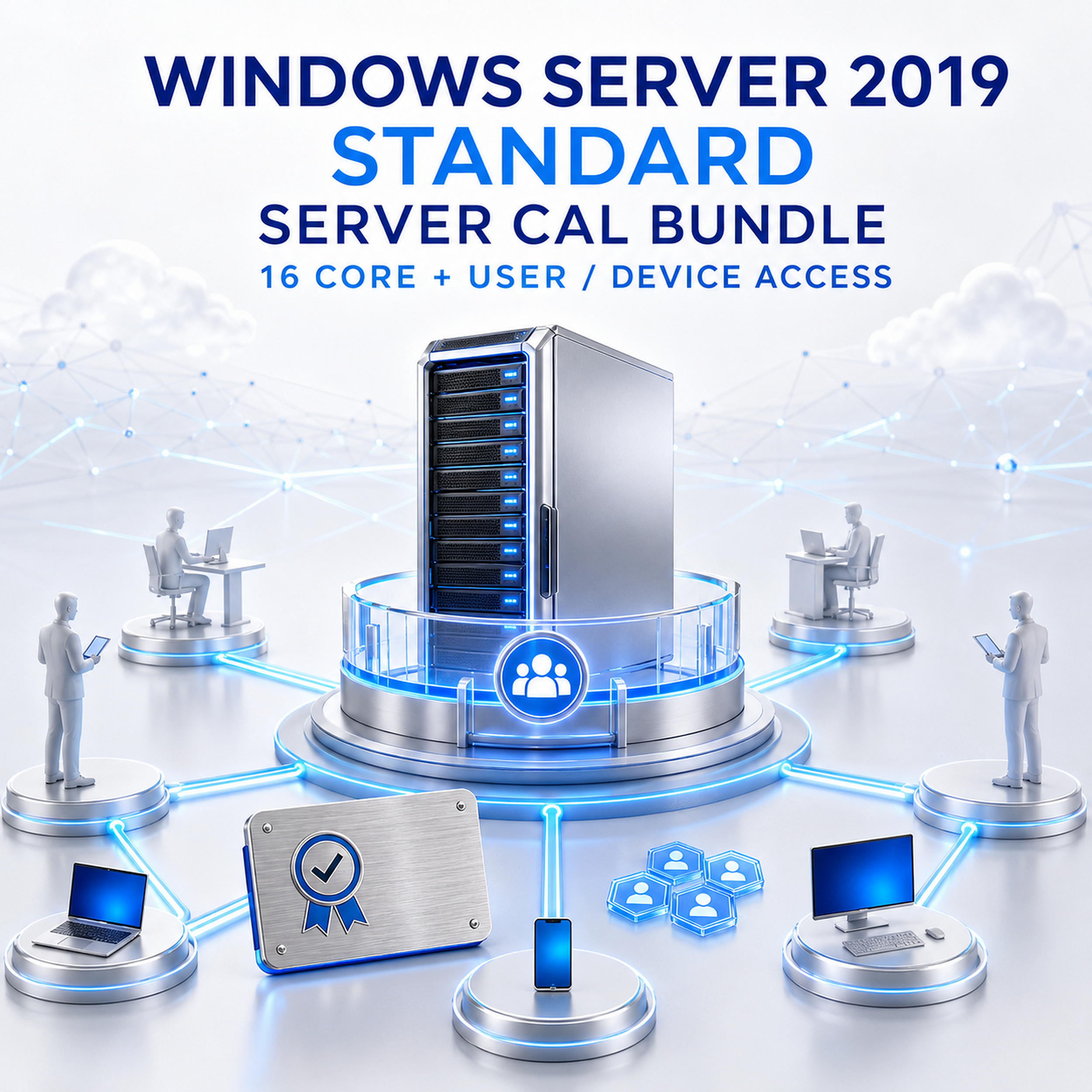 Windows Server 2019 Standard Server CAL bundle showing a licensed server connected to authorised users and devices
