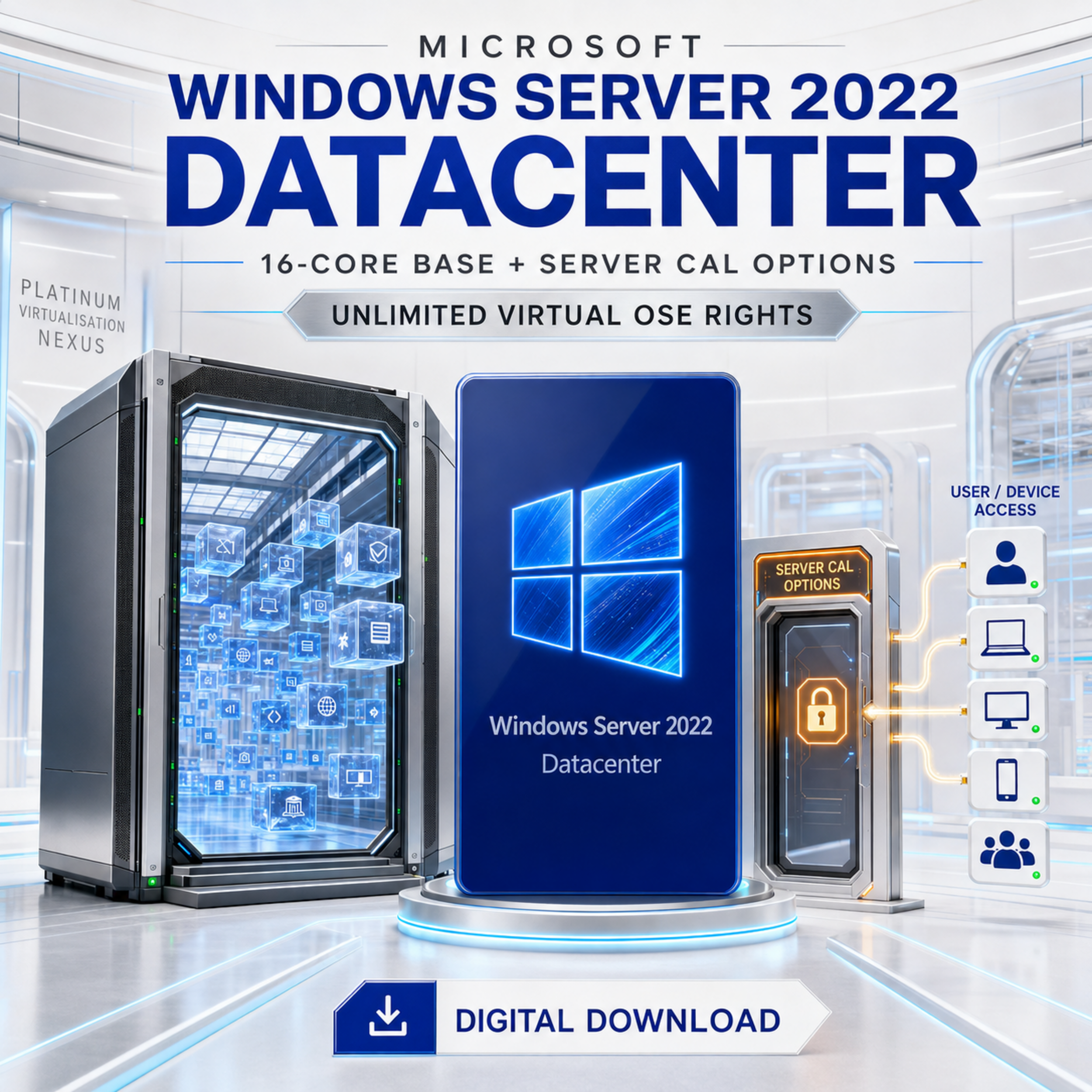 Windows Server 2022 Datacenter with Server CAL options Microsoft Windows Server 2022 Datacenter 16-core base with selectable Server CAL options