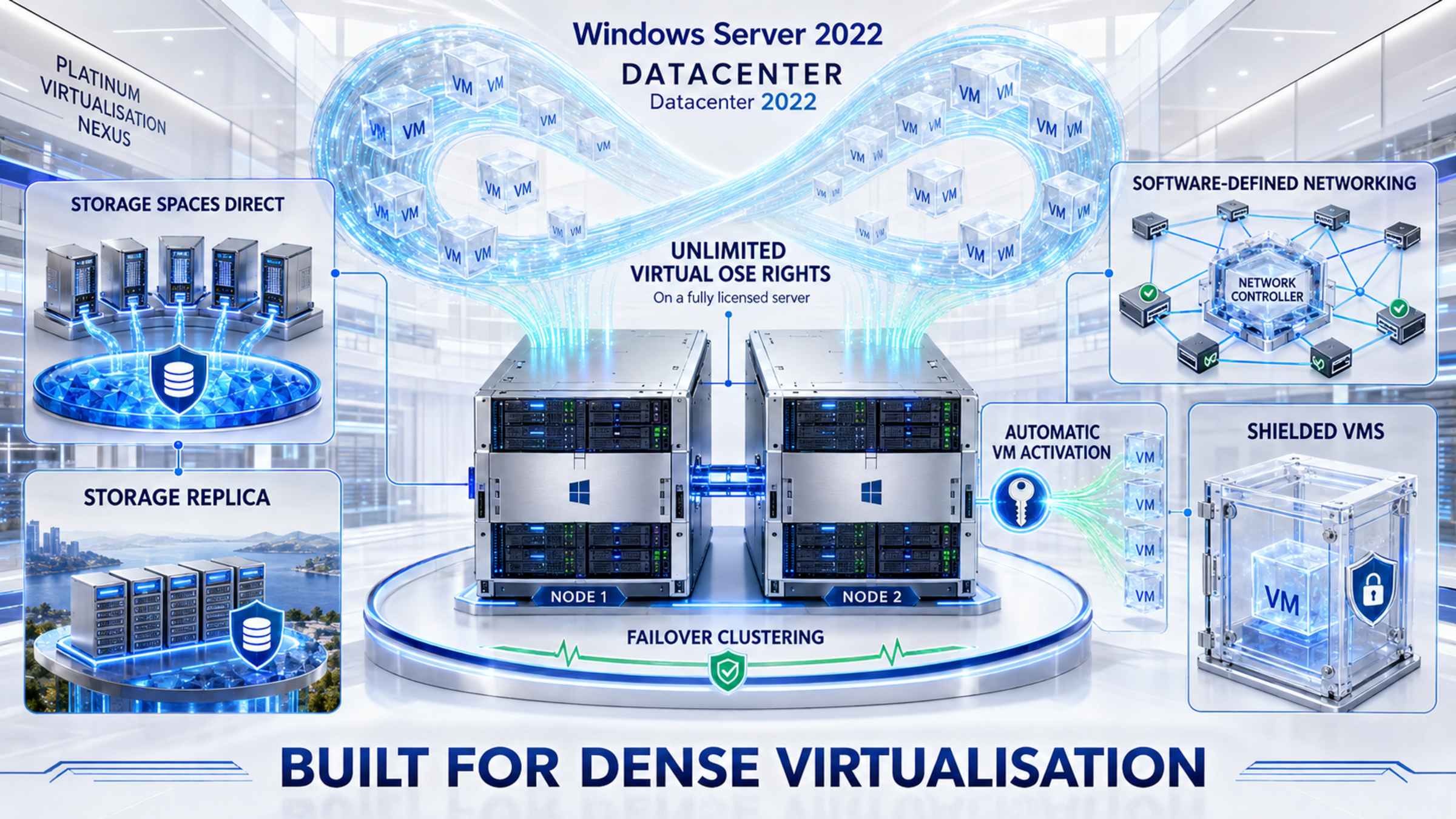 Windows Server 2022 Datacenter software-defined fabric Windows Server 2022 Datacenter fabric with unlimited virtual OSEs, Storage Spaces Direct, SDN, shielded VMs, AVMA and Storage Replica