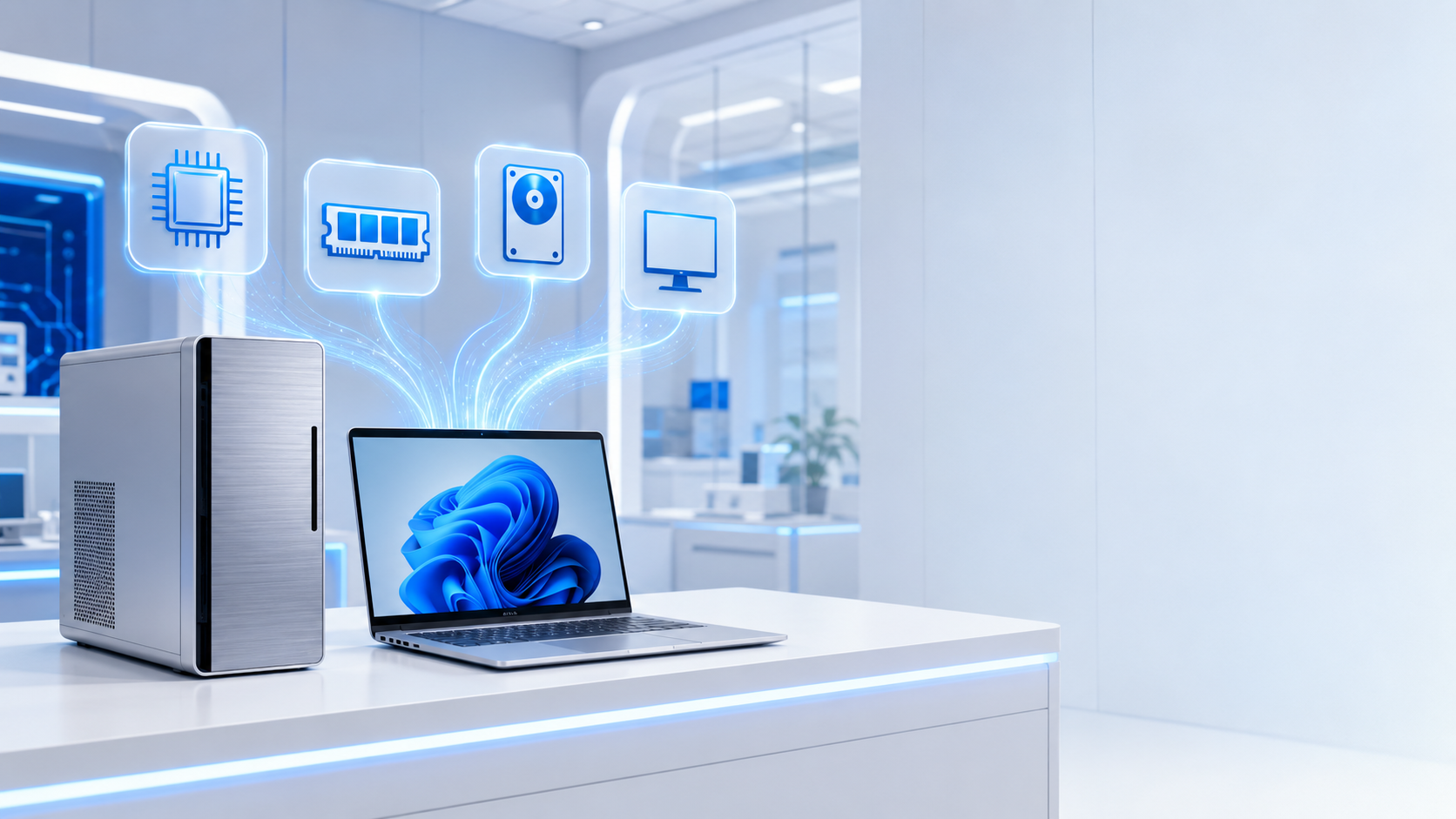 Bright Windows 10 Home compatibility showroom with processor, memory, storage and display symbols