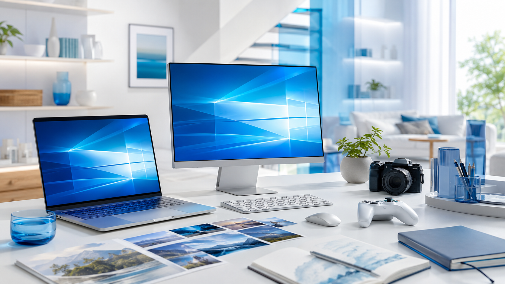 Windows 10 Home lifestyle workspace with laptop, desktop, family photos, camera and game controller