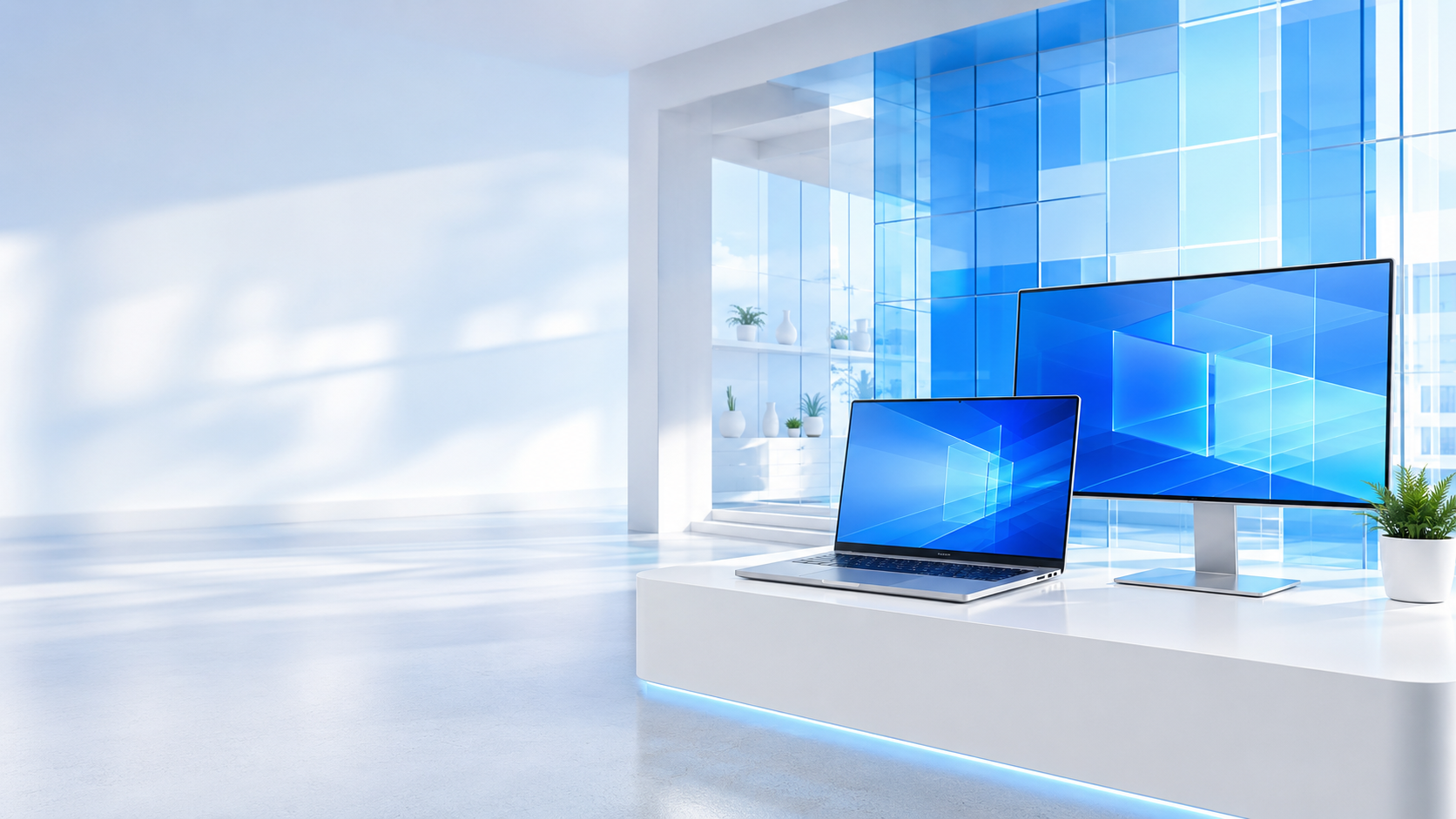 Bright Microsoft Windows inspired home technology showroom with laptop and desktop displays