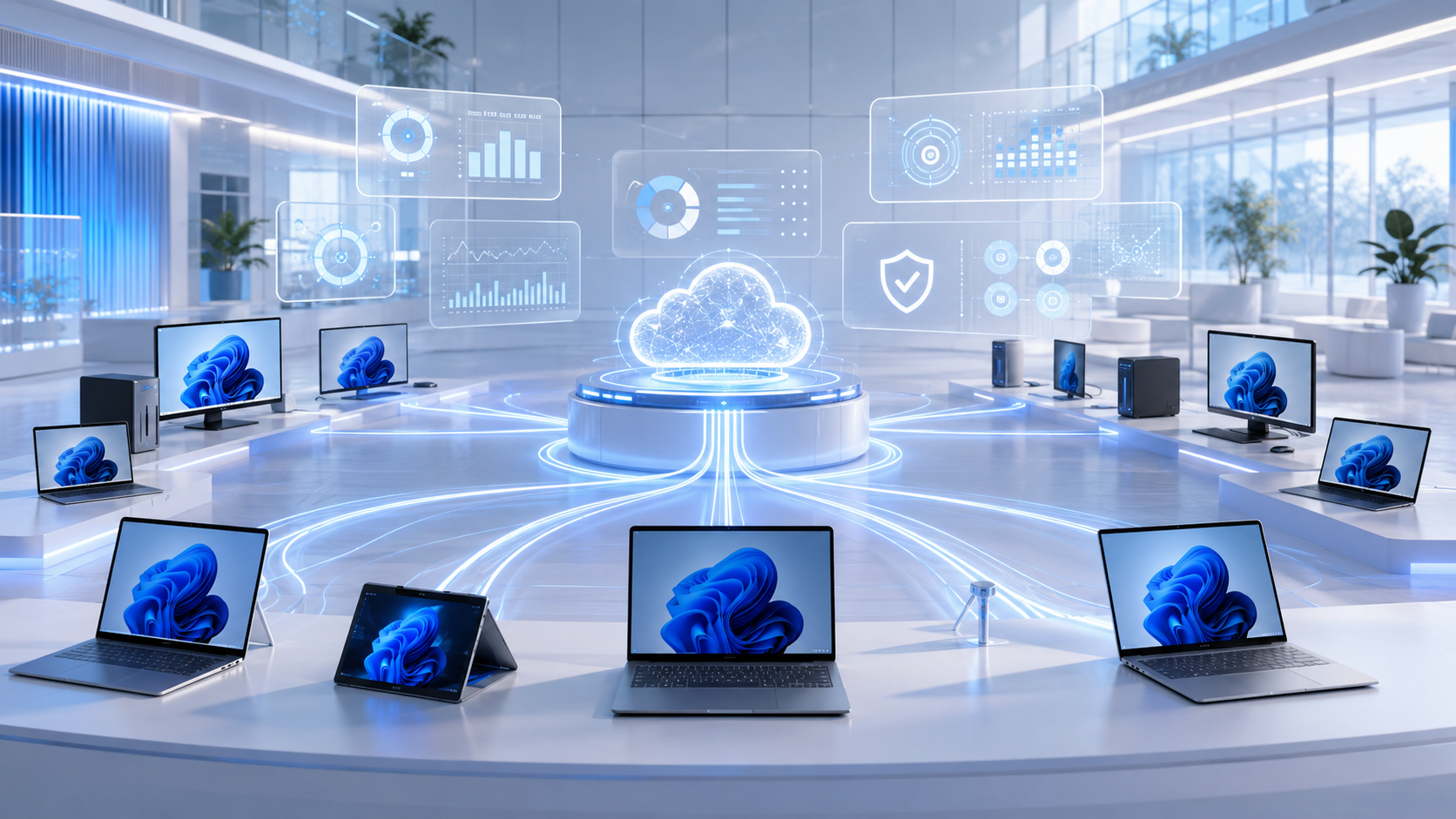 Enterprise device management and deployment showroom connecting business computers