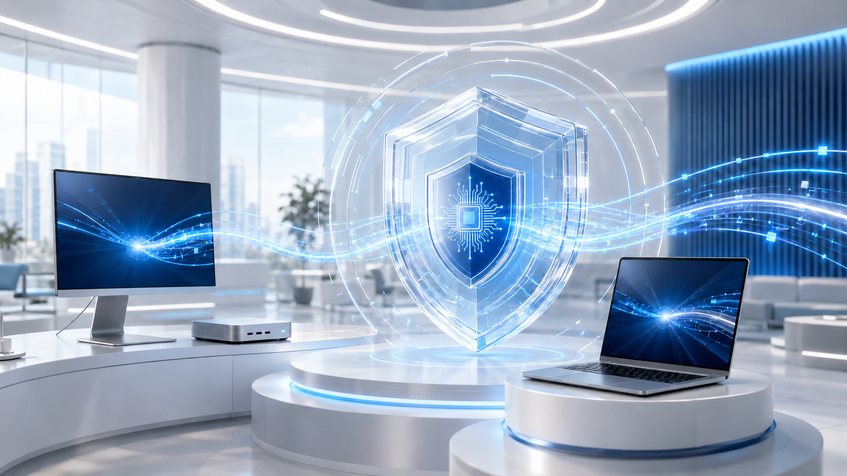 Layered enterprise security shield in a bright Windows showroom