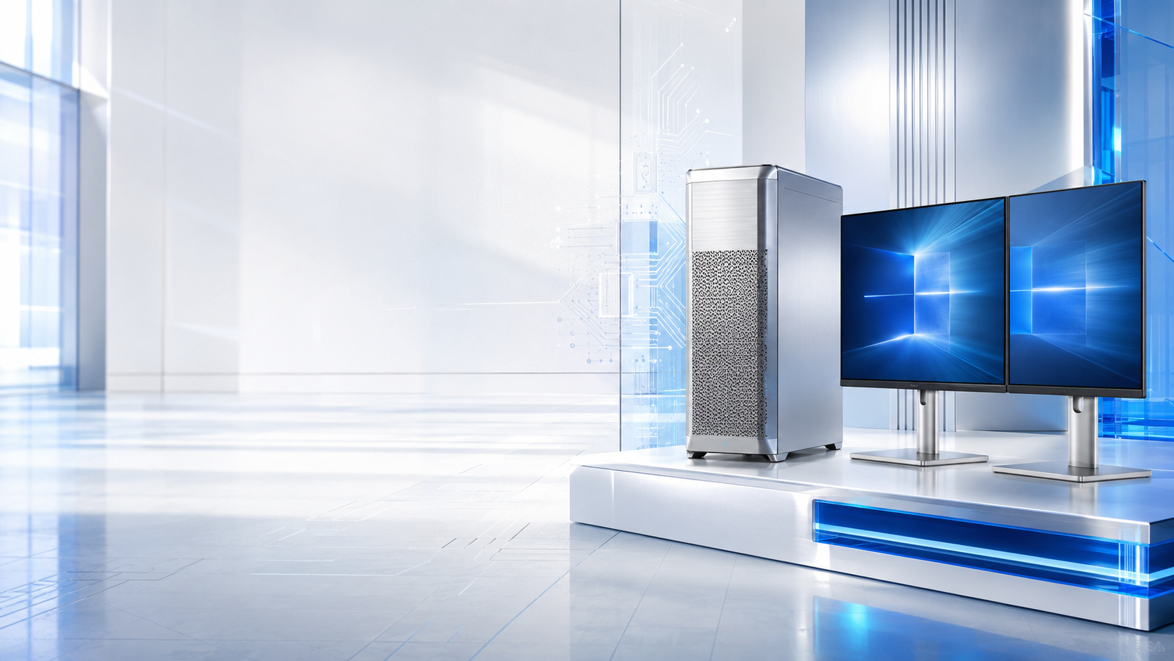 Microsoft Windows 11 Pro for Workstations in a bright professional workstation showroom with a tower PC and dual displays