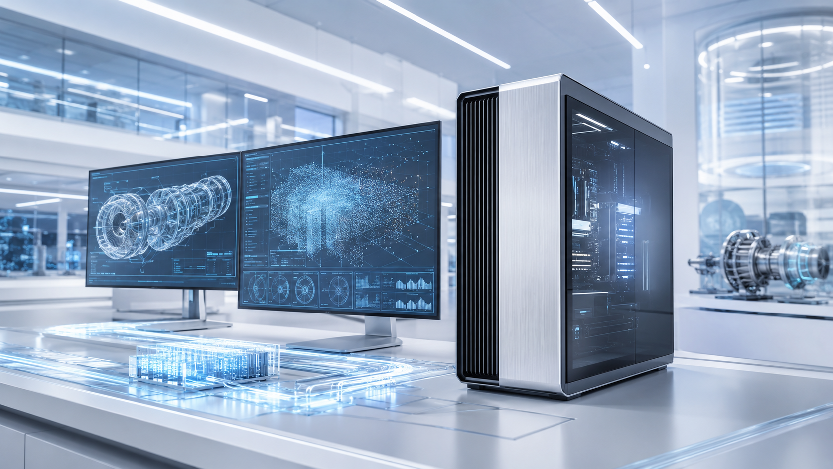 Windows 11 Pro for Workstations PC performing engineering, rendering and data workloads in a bright professional laboratory
