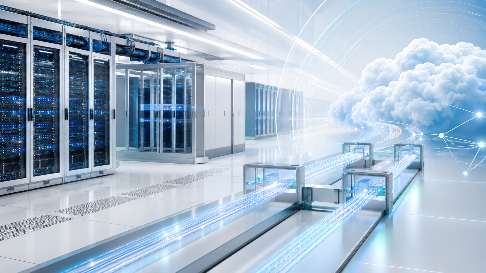Windows Server 2025 hybrid infrastructure connecting an on-premises datacentre to a luminous cloud environment