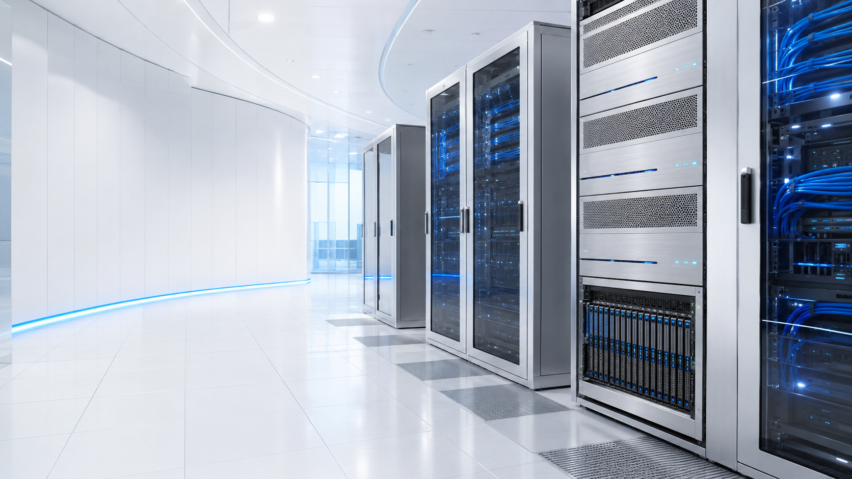Bright Windows Server 2025 datacentre showroom with platinum server racks and Azure-blue data paths