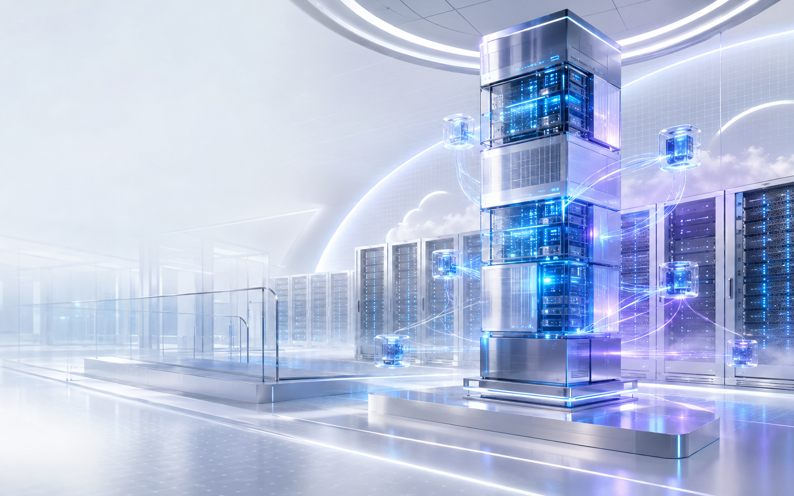 Luminous Windows Server 2025 Datacenter showroom with enterprise server core, virtual machine nodes and hybrid-cloud connections