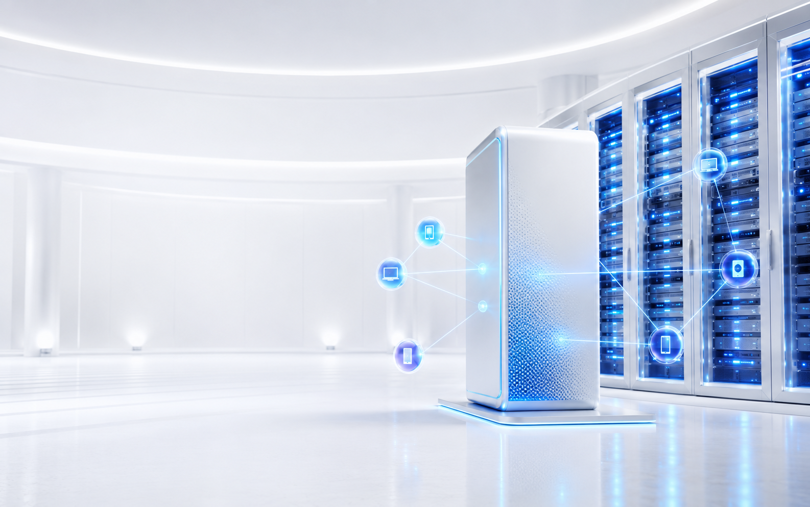 Bright Windows Server 2025 data centre with connected user and device access nodes